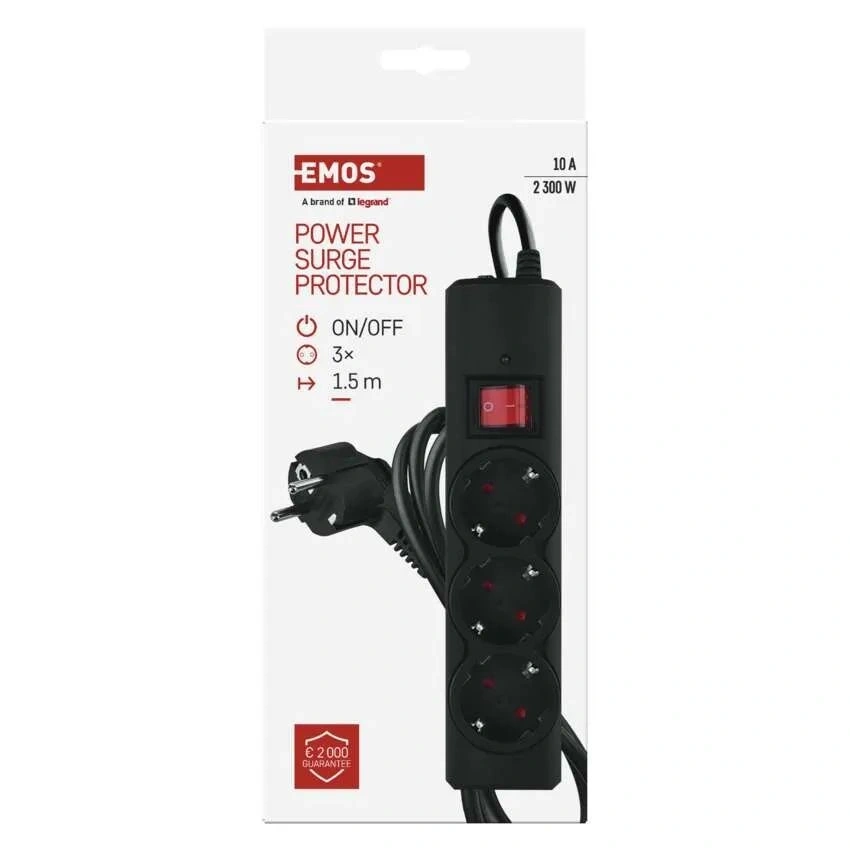 Emos P54214 1,5m 380J SCHUKO 3 csatlakozós fekete túlfeszültség védett elosztó
