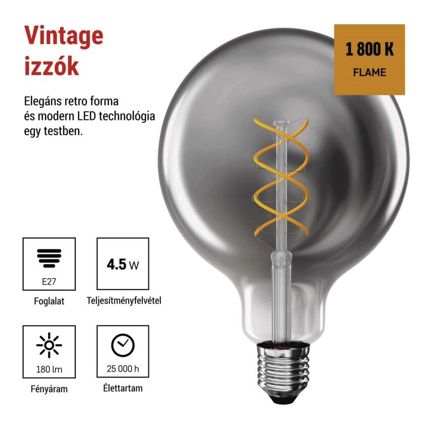 Emos Z58311 LED DECO "SMOKED" G125 4.5W 19W 180lm E27 izzó
