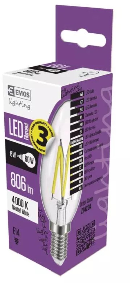 Emos Z74204 filament 6W 806lm E14 természetes fehér LED gyertya izzó