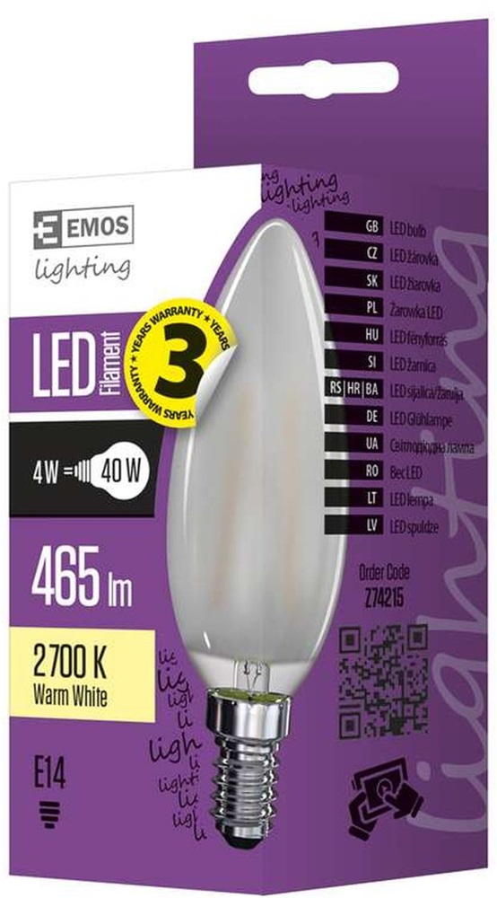 Emos Z74215 FILAMENT 4W E14 465 lumen meleg fehér LED gyertya izzó