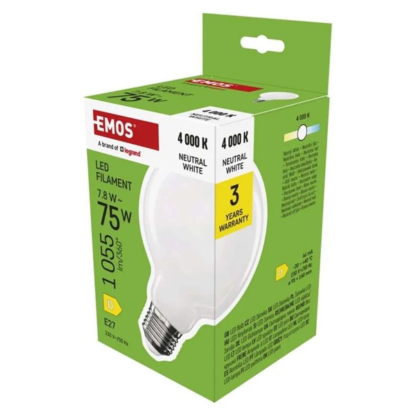 Emos ZF2D53 E27/7,8 W (75 W)/1055 lm/természetes fehér filament G95/ LED izzó