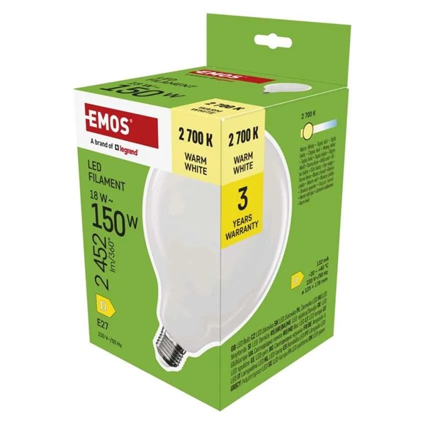 Emos ZF2D82 E27/18 W (150 W)/2452 lm/meleg fehér filament G125 LED izzó