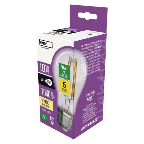 Emos ZF5157 E27/5 W (75 W)/1 060 lm/meleg fehér filament A60 A clasS LED izzó