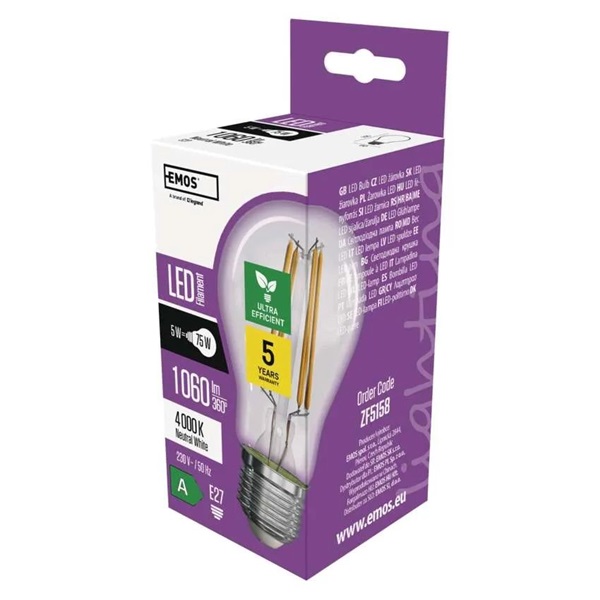 Emos ZF5158 E27/5 W (75 W)/1 060 lm/természetes fehér filament A60 A clasS LED izzó