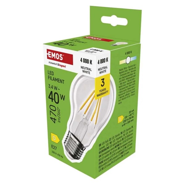 Emos ZF5D23 E27/3,4 W (40 W)/470 lm/természetes fehér filament A60 LED izzó