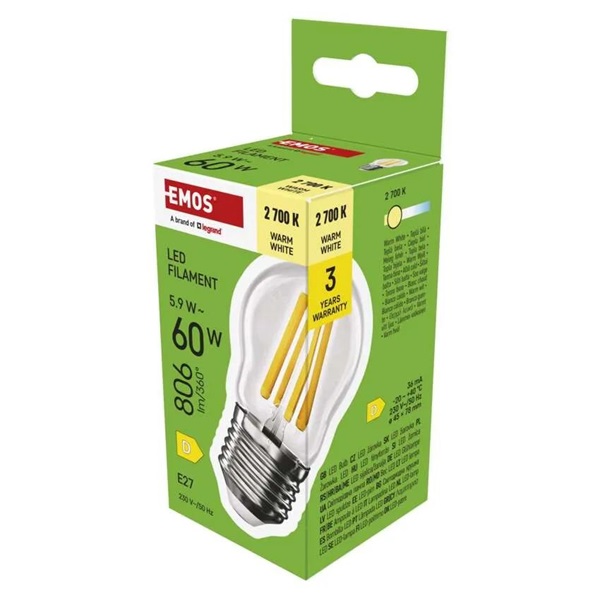 Emos ZF6D42 E27/5,9 W (60 W)/806 lm/meleg fehér filament mini globe LED izzó