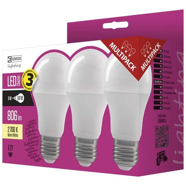 Emos ZQ5140.3 CLASSIC A60 9W E27 806 lumen meleg fehér LED izzó 3db/csomag