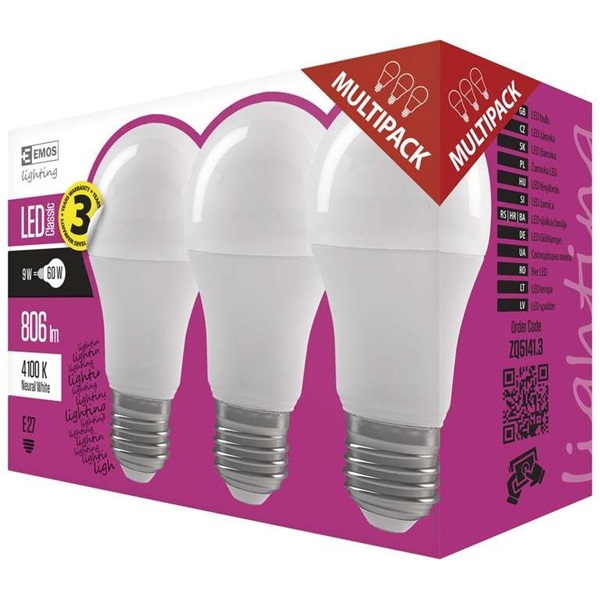 Emos ZQ5141.3 CLASSIC A60 9W E27 806 lumen természetes fehér LED izzó 3db/csomag