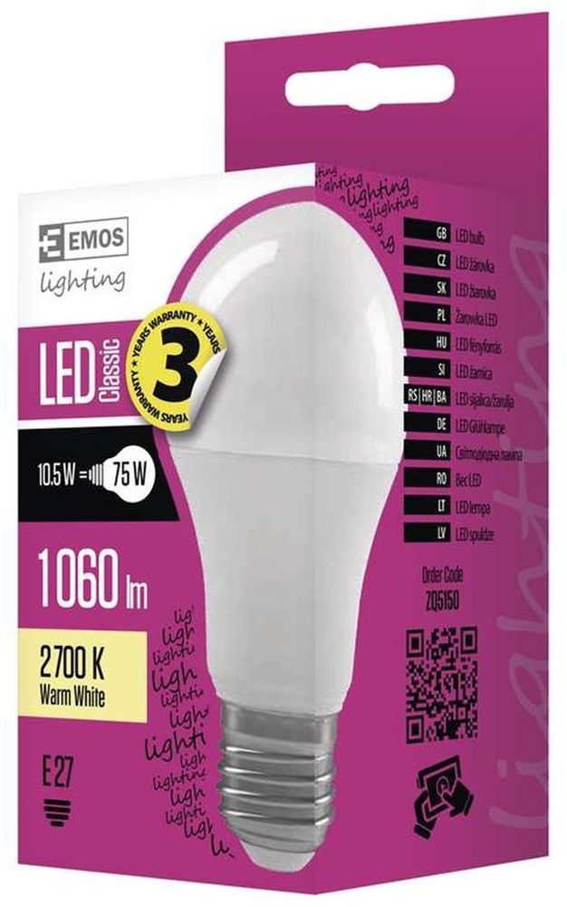 Emos ZQ5150 CLASSIC A60 10,5W E27 1060 lumen meleg fehér LED izzó
