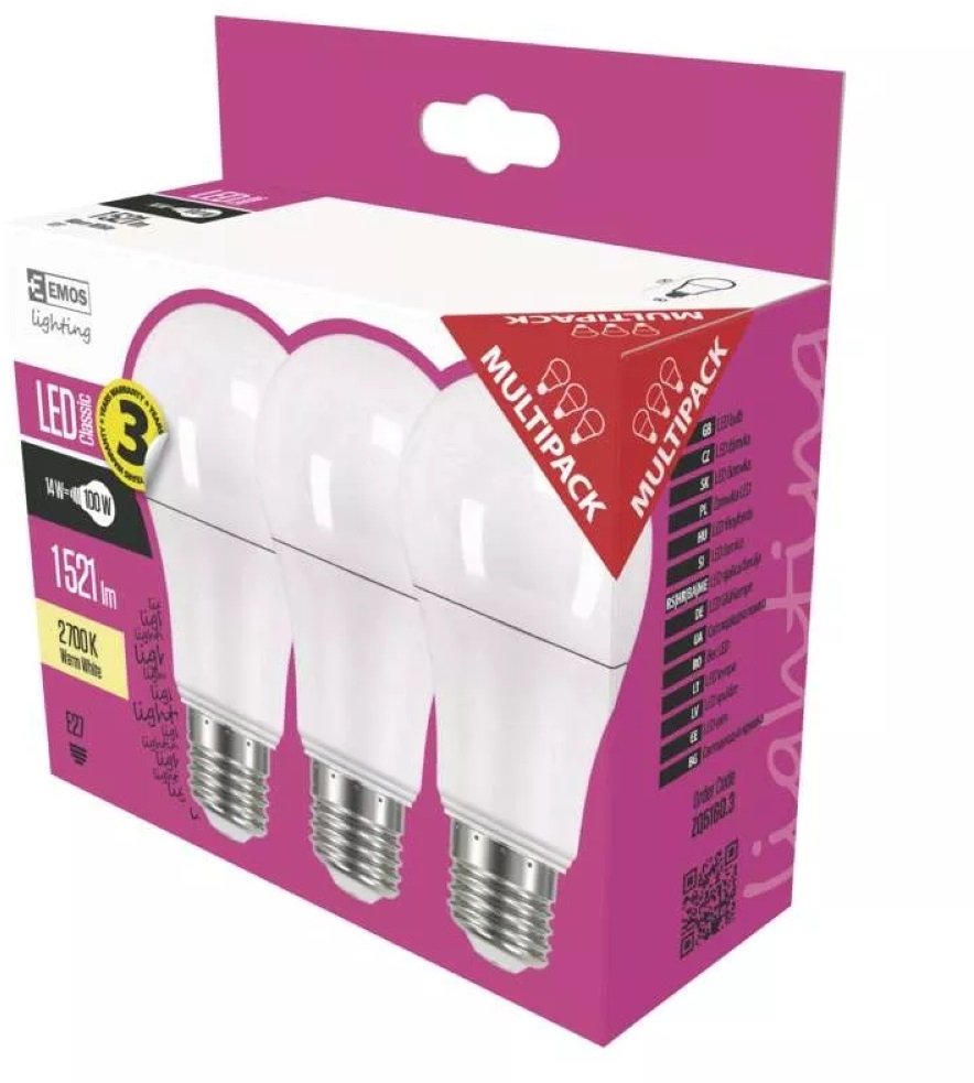 Emos ZQ5160.3 Classic A60 14W 806lm E27 meleg fehér 3db-os LED izzócsomag