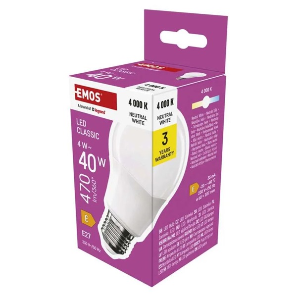 Emos ZQ5E23 A60 E27/4 W (40 W)/470 lm/természetes fehér classic LED izzó
