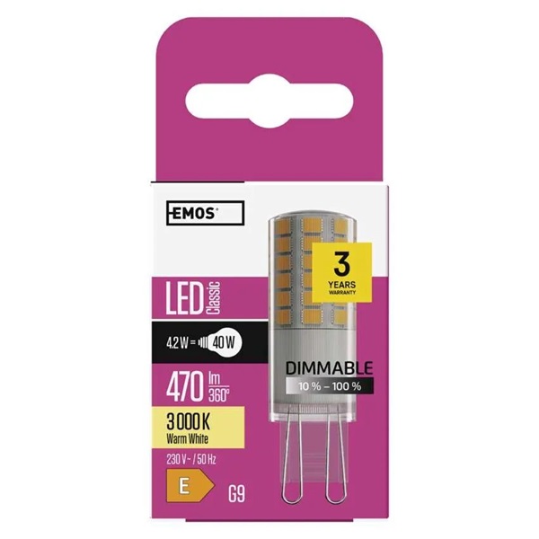 Emos ZQ9125D 4,2W (40W)/470 lm/meleg fehér/dimmelhető Classic JC /G9 LED izzó