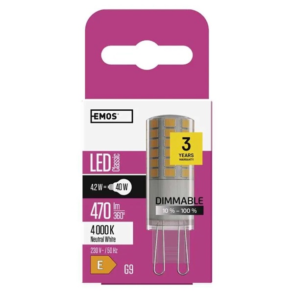 Emos ZQ9225D 4,2W (40W)/470 lm/természetes fehér/dimmelhető Classic JC /G9 LED izzó