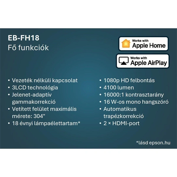 Epson EB-FH18 Full HD 4100AL HDMI/USB/WiFi/Apple AirPlay 2 3LCD projektor