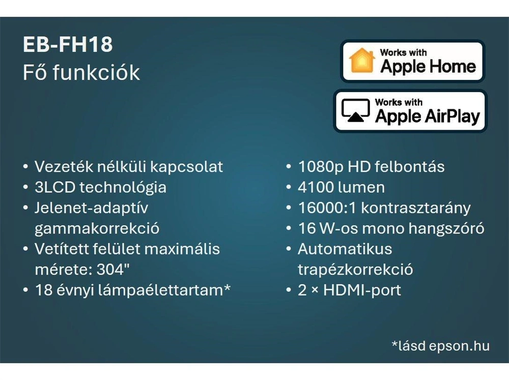 Epson EB-FH18 Full HD 4100AL HDMI/USB/WiFi/Apple AirPlay 2 3LCD projektor
