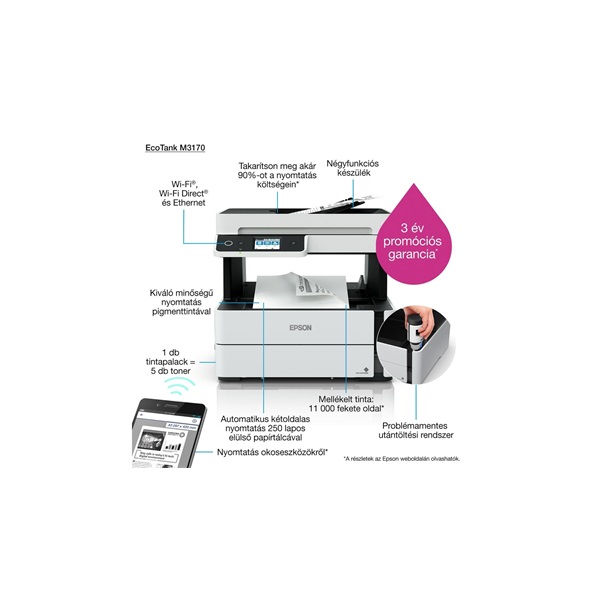 Epson EcoTank M3170 mono tintasugaras multifunkciós nyomtató (Újracsomagolt)