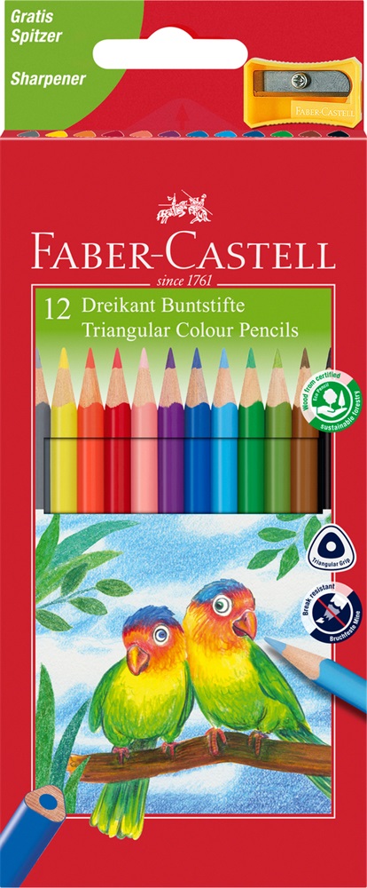 Faber-Castell Junior Papagáj 12 db háromszögletű színes ceruza készlet hegyezővel