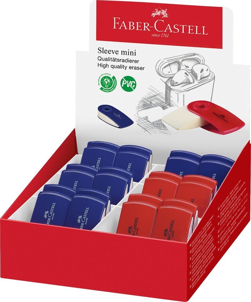 Faber-Castell SLEEVE mini radír piros vagy kék műanyag tartóban