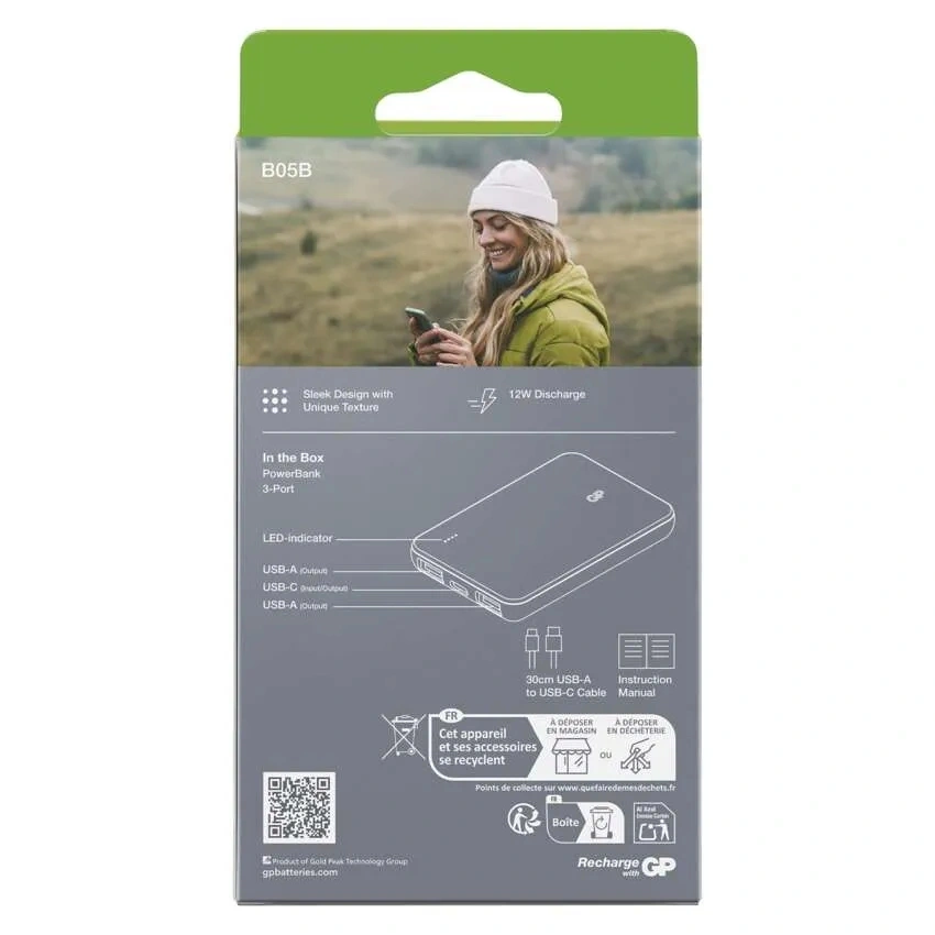 GP B+ Series, 5 000 mAh, 12 W, zöldesszürke powerbank