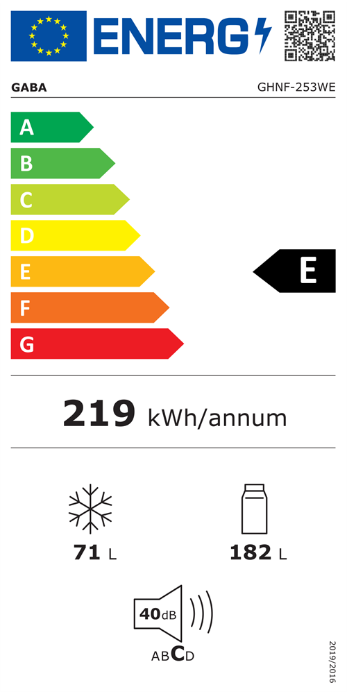 Gaba GHNF-253WE fehér, alulfagyasztós, Hűtő:182L, Fagyasztó:71L, No frost hűtőszekrény