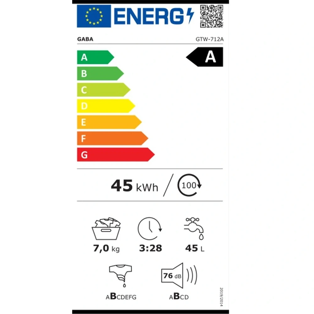 Gaba GTW-712A fehér, elöltöltős, max.1200ford., 7 kg, mosógép (Újszerű)