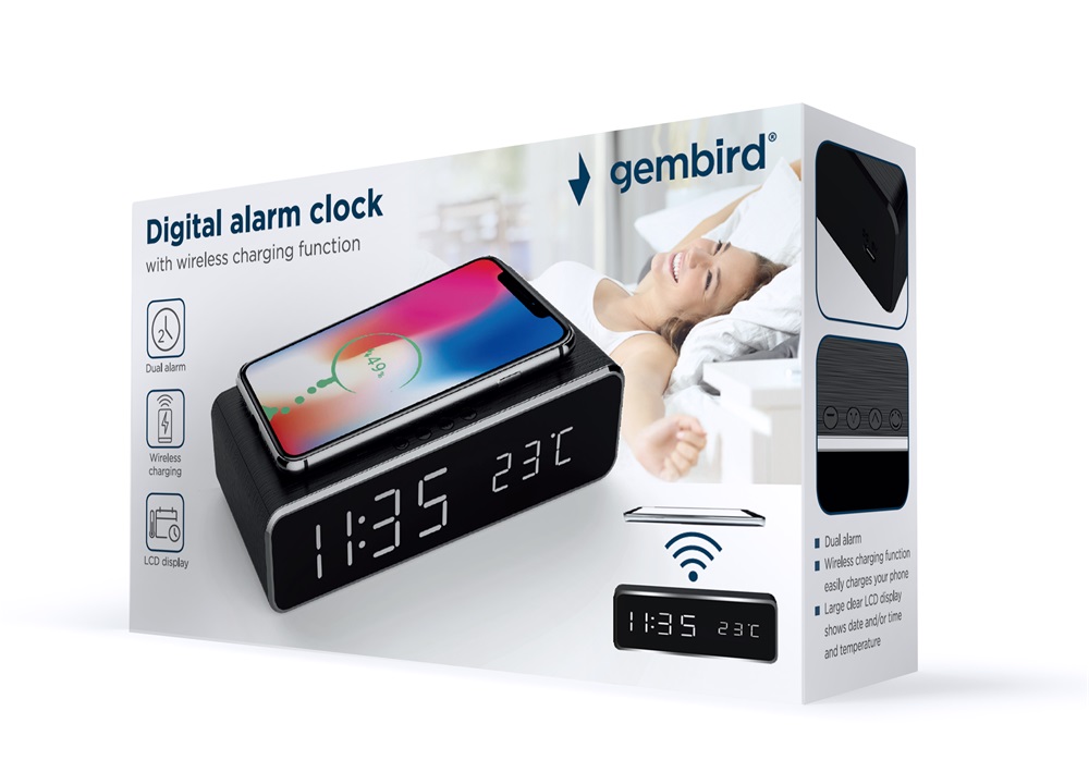 Gembird DAC-WPC-01 vezeték nélküli fekete digitális ébresztőóra