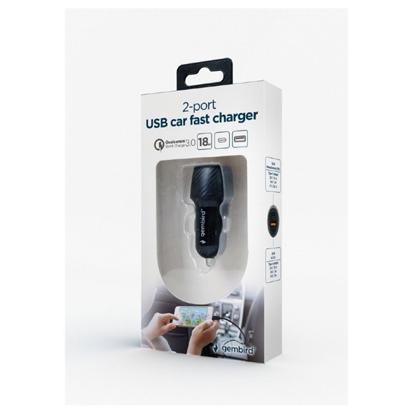 Gembird TA-U2QC3-CAR-02 18W USB A/USB C PD fekete autós gyorstöltő