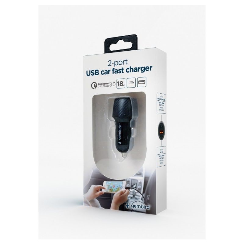 Gembird TA-U2QC3-CAR-02 18W USB A/USB C PD fekete autós gyorstöltő