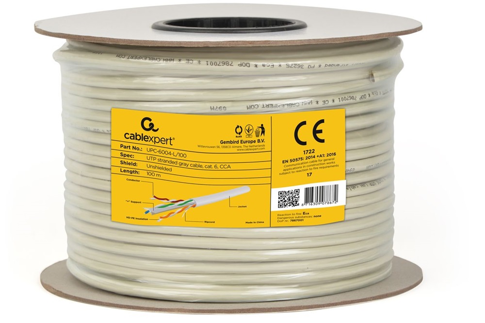 Gembird UPC-6004-L/100 100m CAT6 UTP fali CCA szürke patch kábel