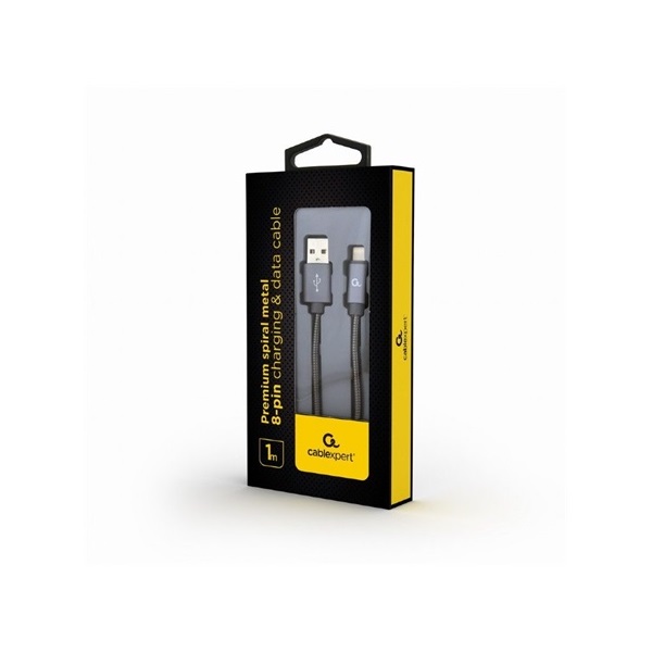 Gembird USB 2.0 A -> Lightning M/M adatkábel 1m szürke Premium spiral metal