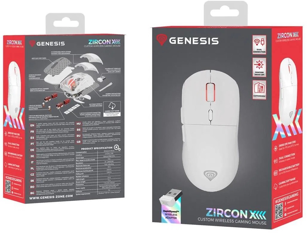 Genesis NMG-1843 Zircon X Vezeték nélküli gamer egér Jubileumi kiadás 19000DPI, fehér