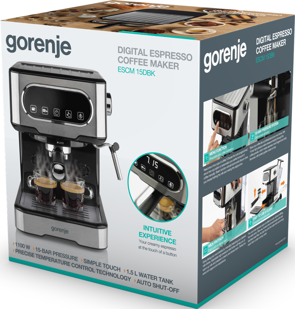 Gorenje ESCM15DBK inox-fekete espresso kávéfőző