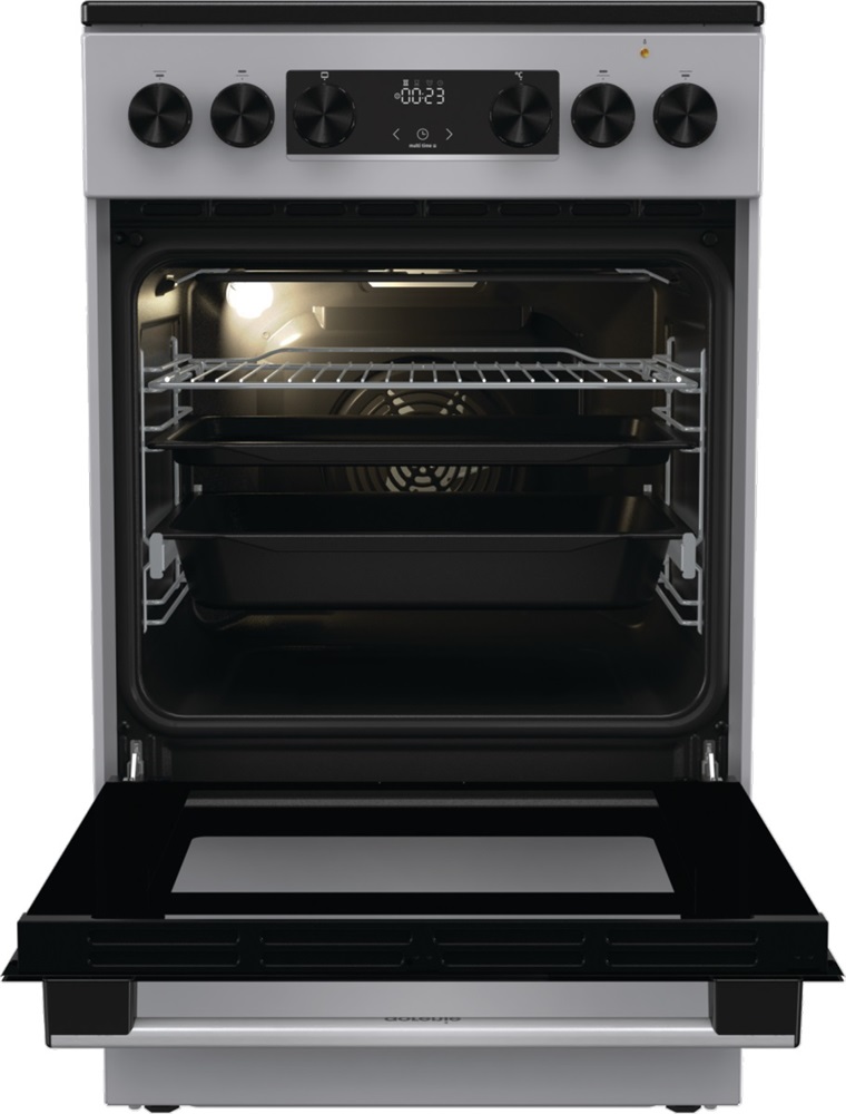 Gorenje GEC5C41SG inox, szabadonálló, kerámialapos, elektromos, főzőzóna: 4, sütő:77L, grill, tűzhely