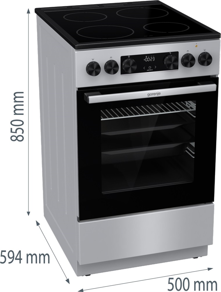 Gorenje GEC5C41SG inox, szabadonálló, kerámialapos, elektromos, főzőzóna: 4, sütő:77L, grill, tűzhely