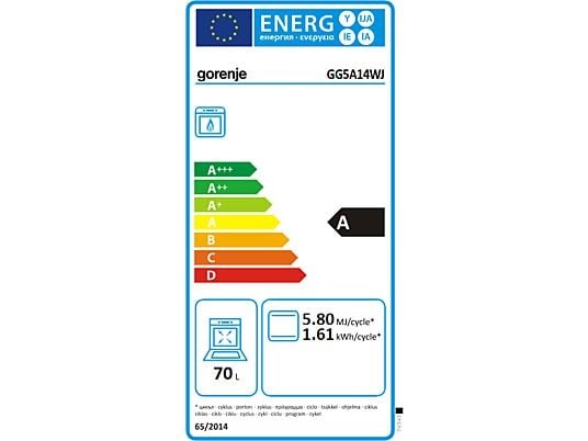 Gorenje GG5A14WJ fehér, szabadonálló, gáz, főzőzóna: 4, sütő:77L, tűzhely