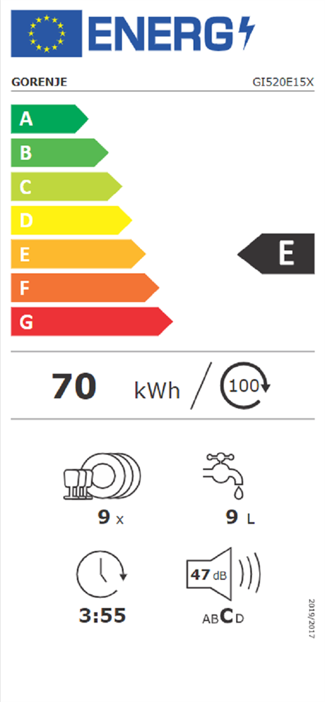 Gorenje GI520E15X programok száma: 5, keskeny beépíthető, 9 terítékes mosogatógép 