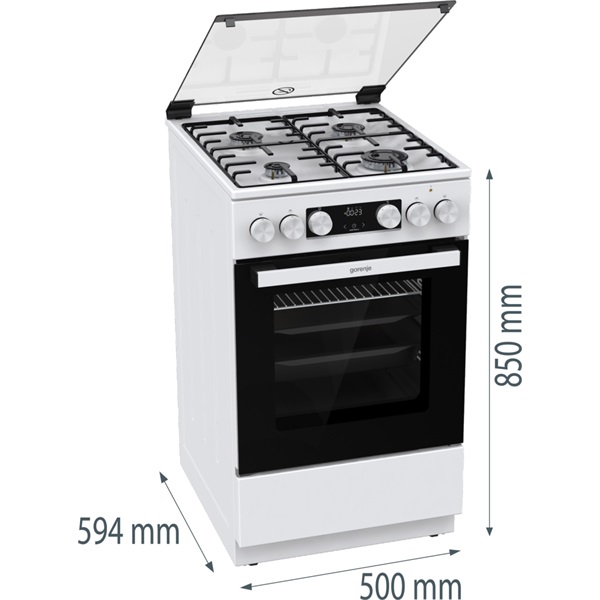 Gorenje GK5C41WH-B fehér, szabadonálló, gáz, kombinált, főzőzóna: 4, sütő:77L, grill, tűzhely