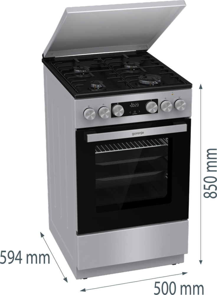 Gorenje GK5C42SH-B Inox, szabadonálló, gáz, kombinált, főzőzóna: 4, sütő:70L, grill, tűzhely