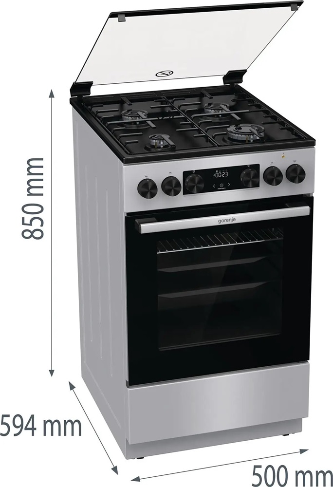 Gorenje GK5C62SH inox, szabadonálló, gáz, kombinált, főzőzóna: 4, sütő:70L, grill, tűzhely