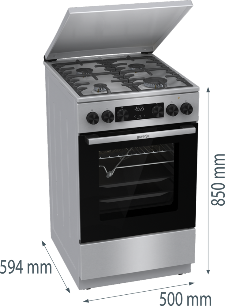 Gorenje GKS5C71XF Inox, szabadonálló, gáz, kombinált, főzőzóna: 4, sütő:70L, grill, tűzhely