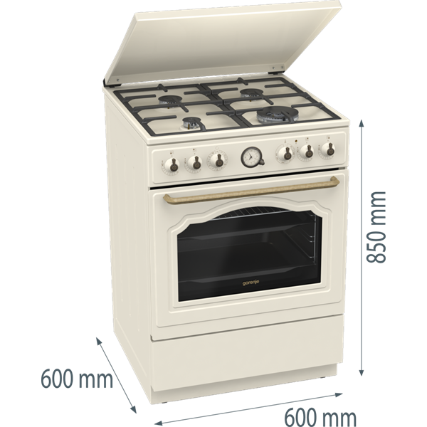 Gorenje GKS6C71CLI bézs, szabadonálló, gáz, kombinált, főzőzóna: 4, sütő:71L, grill, tűzhely