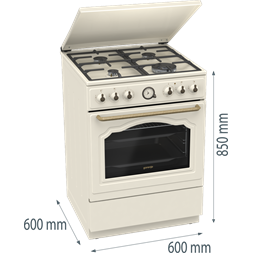Gorenje GKS6C71CLI bézs, szabadonálló, gáz, kombinált, főzőzóna: 4, sütő:71L, grill, tűzhely