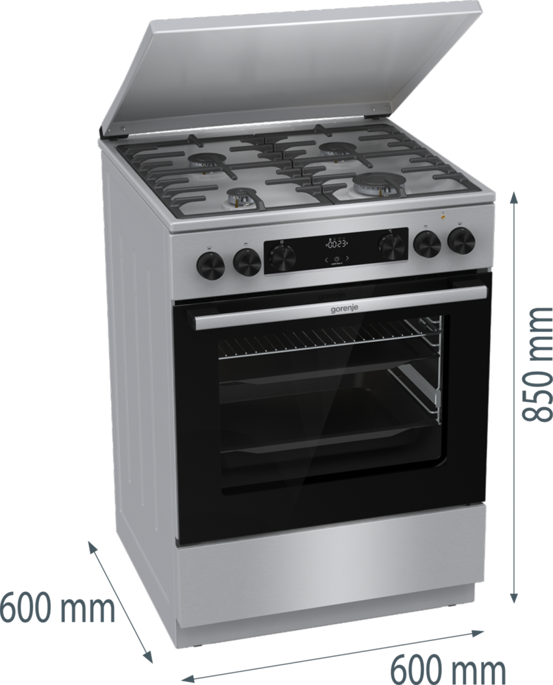 Gorenje GKS6C71XF Inox, szabadonálló, gáz, kombinált, főzőzóna: 4, sütő:71L, grill, tűzhely