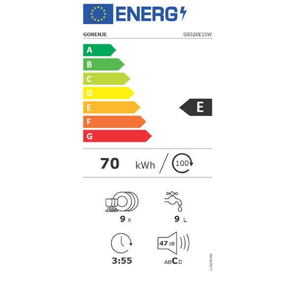Gorenje GS520E15W fehér, programok száma: 5, keskeny szabadonálló, 9 terítékes mosogatógép (Újszerű)