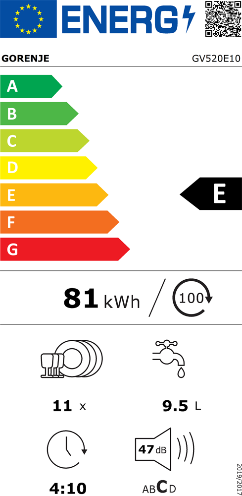 Gorenje GV520E10 programok száma: 5, keskeny beépíthető, 11 terítékes mosogatógép 