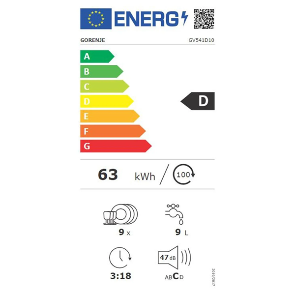 Gorenje GV541D10 fehér, programok száma: 5, keskeny beépíthető, 9 terítékes mosogatógép 