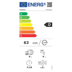 Gorenje GV541D10 fehér, programok száma: 5, keskeny beépíthető, 9 terítékes mosogatógép 