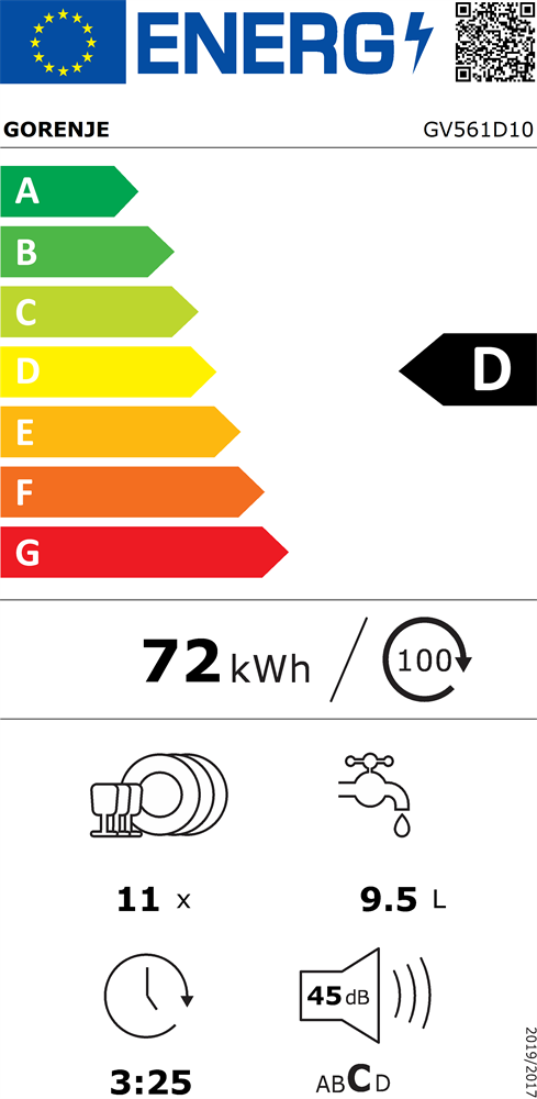 Gorenje GV561D10 programok száma: 5, keskeny beépíthető, 11 terítékes mosogatógép 