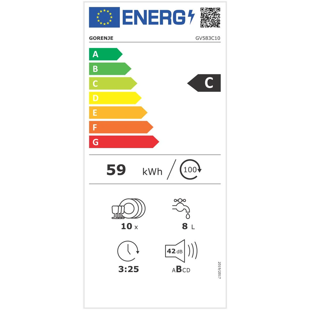 Gorenje GV583C10 programok száma: 5, keskeny beépíthető, 10 terítékes mosogatógép 
