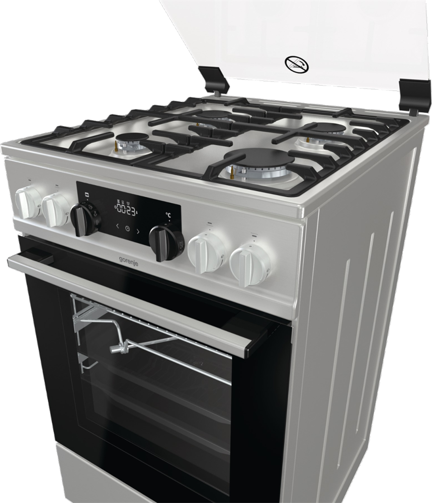 Gorenje KS5350XF inox, szabadonálló, gáz, kombinált, főzőzóna: 4, sütő:71L, grill, tűzhely